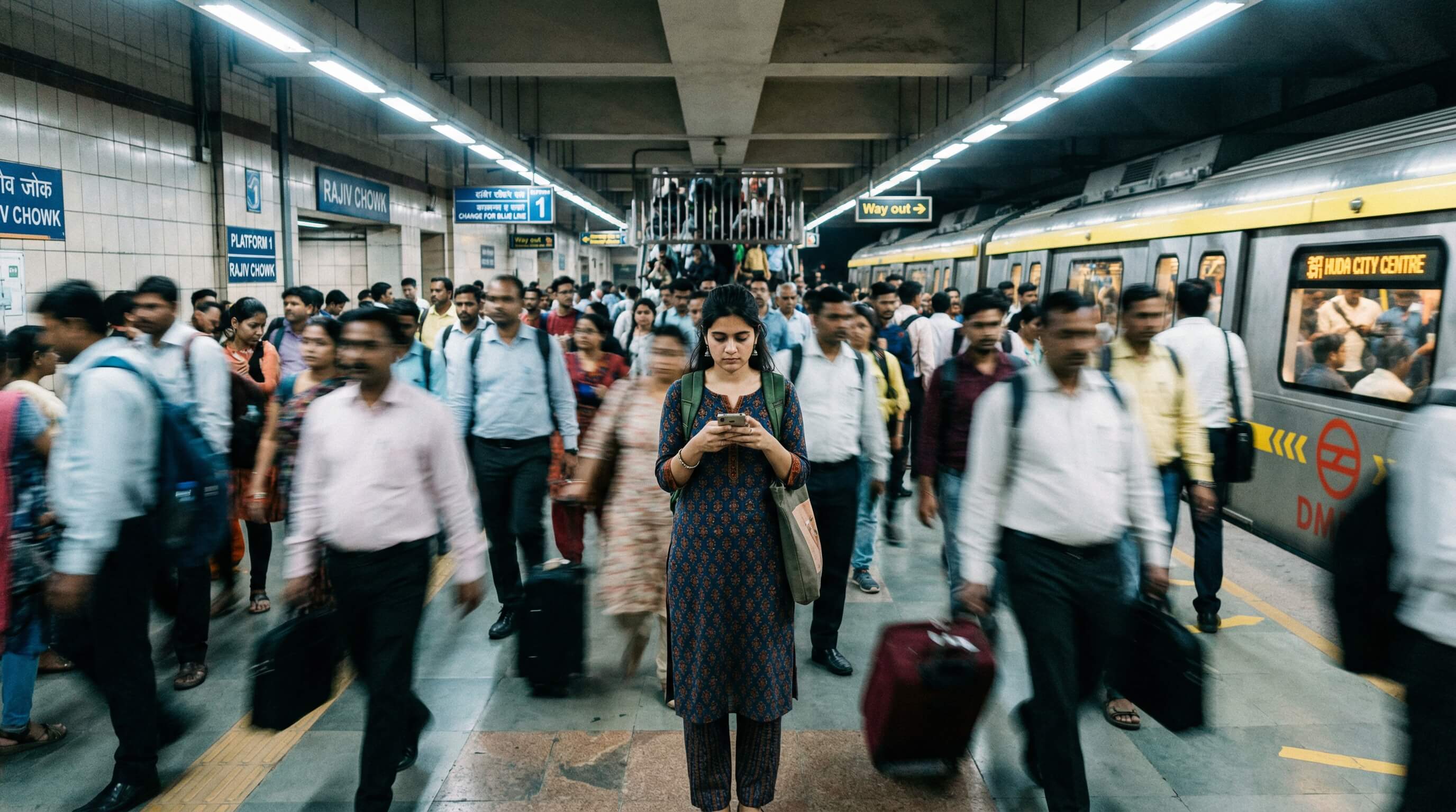 A lone person moving through a crowded Delhi setting, illustrating urban isolation in a dense city