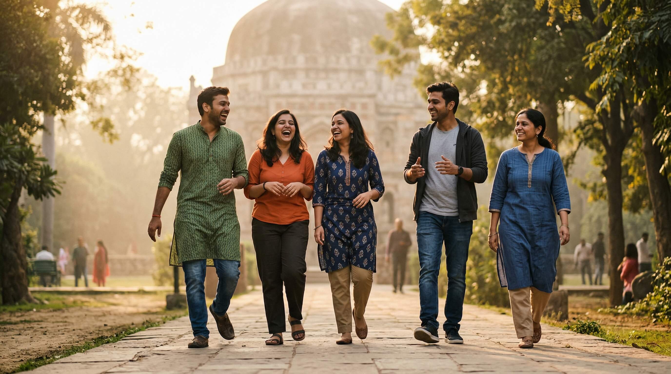 A group of young people on a morning walk in Lodi Garden, Delhi - meeting through a shared Scene on Scene ON