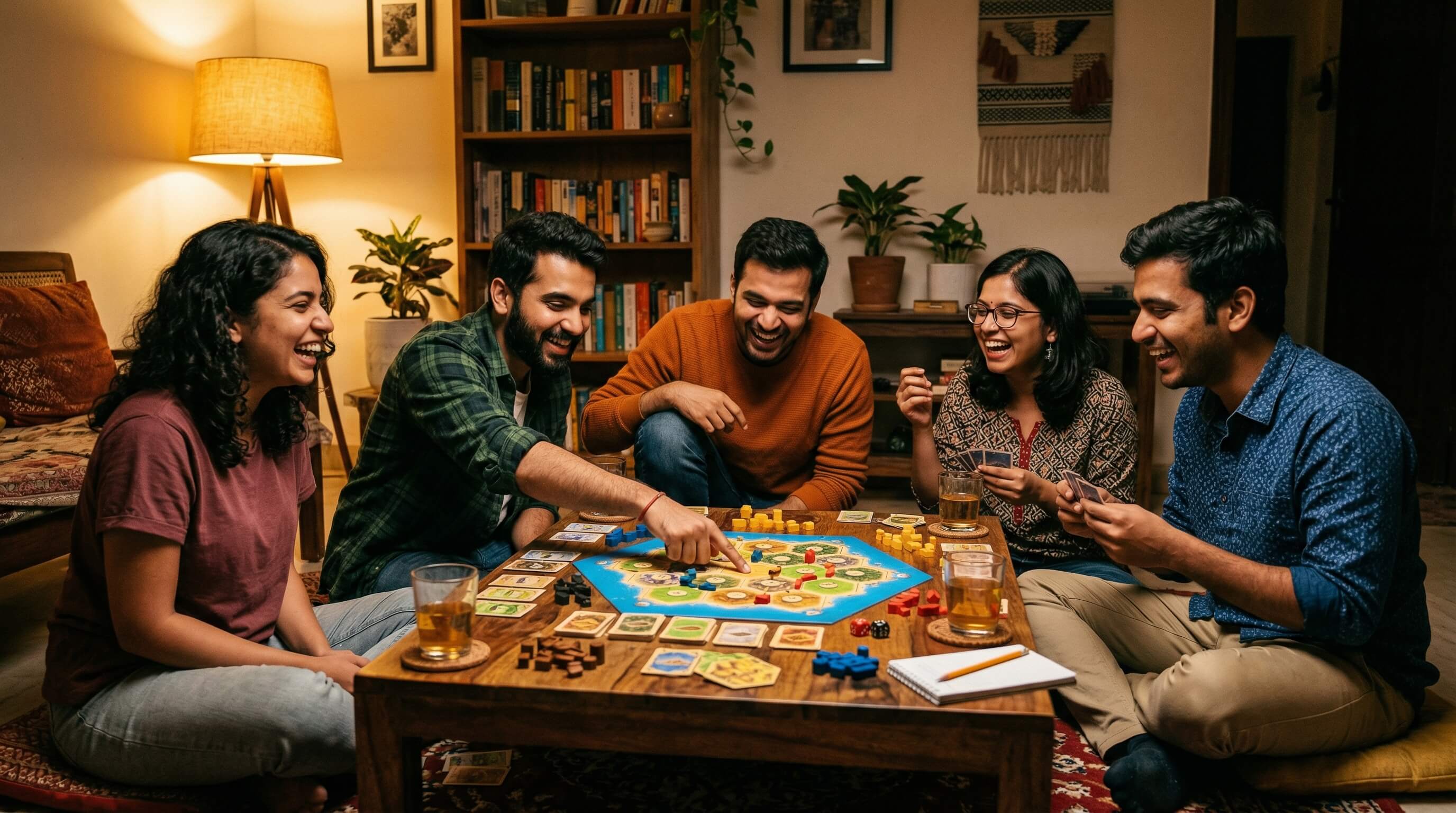 A group of young adults playing a board game in Delhi, meeting through a shared Scene on Scene ON